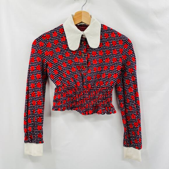 Vintage Tops - Vintage smocked waist red floral plaid collar top